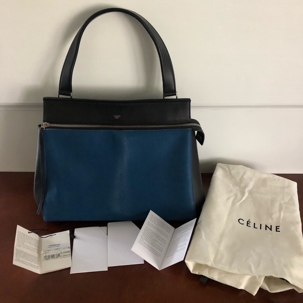 CELINE RARE NWT Medium Edge Satchel Blue Ponyhair & Black Leather - Picture 11 of 13